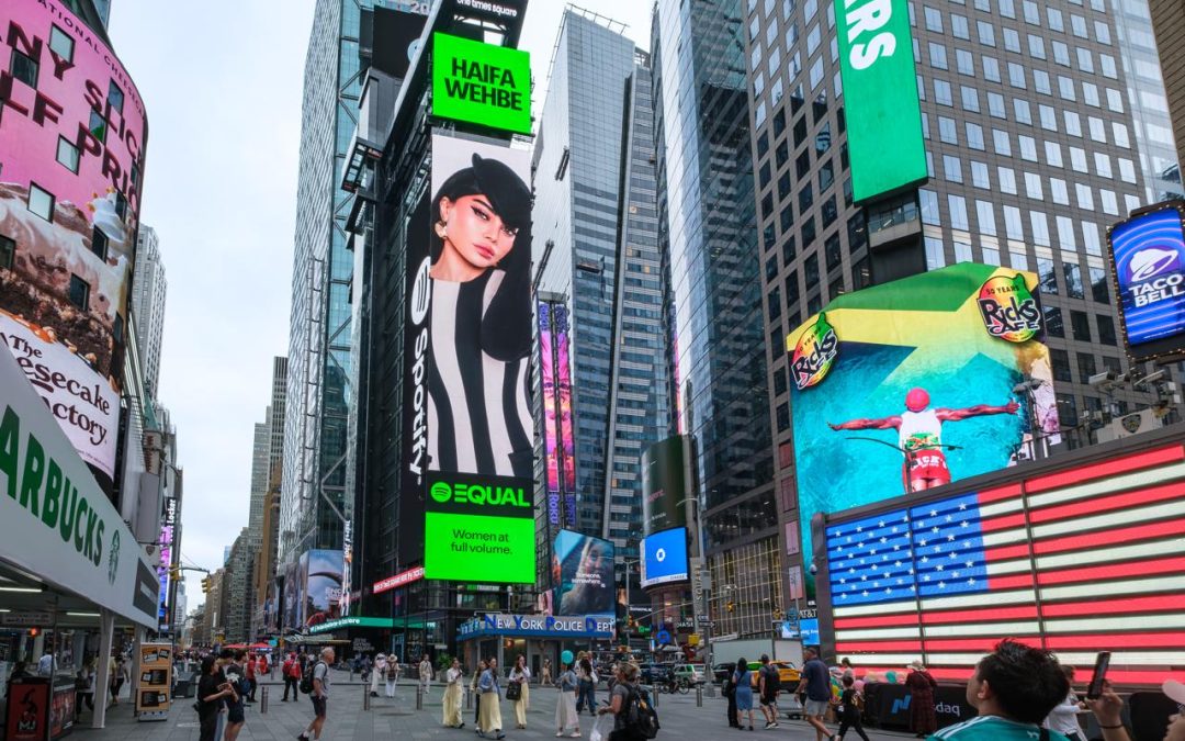 هيفاء وهبي تتصدّر لوحة Spotify في ساحة “تايمز سكوير” بنيويورك كسفيرة عالمية لبرنامج EQUAL